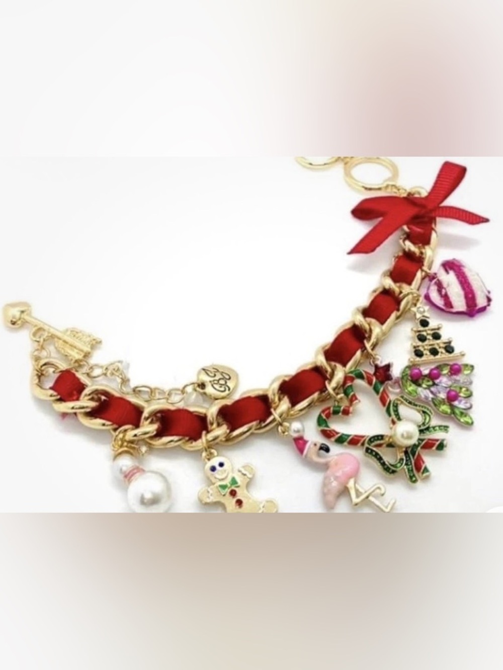 Betsey Johnson Red Ribbon Gold-Tone Christmas Charm Bracelet - Picture 2 of 7